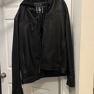 G by Guess Black Hooded Leather Moto-Style Jacket